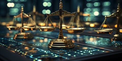 Representation of digital law scales on data center background symbolizing justice. Concept Digital law, Data center, Justice symbol, Scales of justice, Legal technology - obrazy, fototapety, plakaty