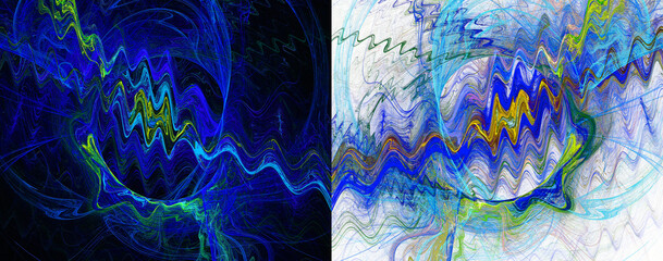 Blue and yellow wavy and arc lines on black and white backgrounds. Set of abstract fractal backgrounds. 3D rendering. 3D illustration.