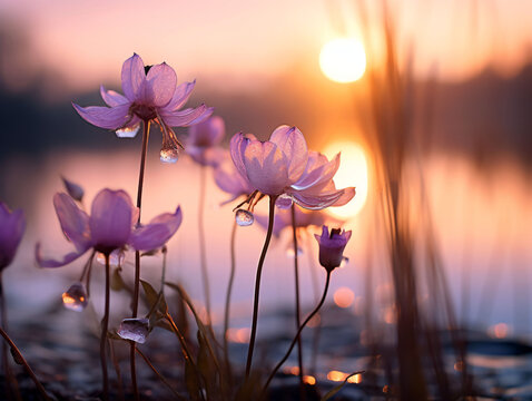 purple flowers are pictured surrounded by a sunset bloom