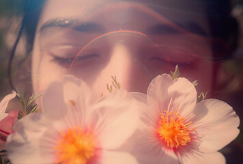 Flowers in front of a woman's face with reflection