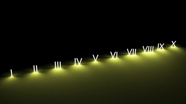Roman numerals 1 to 10, from I to X. Glowing, neon Roman signs, numbers. Roman numerals,animation,3D render.