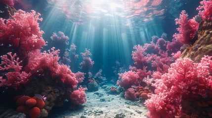 Schilderijen op glas Underwater Coral reef and bright ray sun. Generative AI © itchaznong
