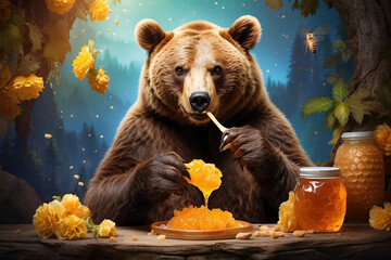 bear eat honey - obrazy, fototapety, plakaty