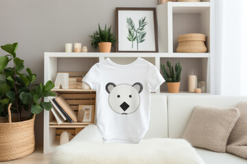 A charming white baby onesie with a bear face design, presented in a warm, plant filled nursery setting