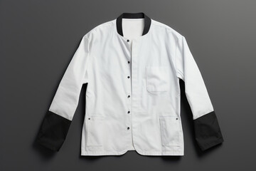 A white chef's jacket with stylish black accents on the cuffs and collar, displayed against a dark background