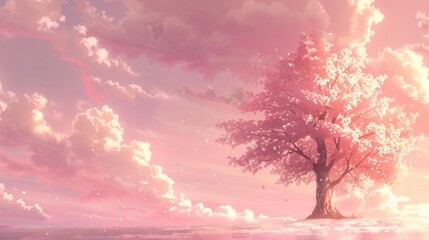 Serene Anime Landscape with Cherry Blossom Tree AI Generated.