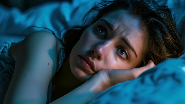woman in bed late trying to sleep suffering insomnia, sleepless or scared in a nightmare, looking sad worried and stressed. Tired and headache or migraine waking up in the middle of the night.
