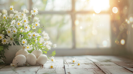 Easter table background of free space for your product. Blurred window background. Eggs and flowers decoration.