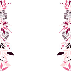 Elegancka karta z dekoracją botaniczną w odcieniach różu. Kwiatowy wzór z liśćmi i gałązkami. Ilustracja wektorowa.