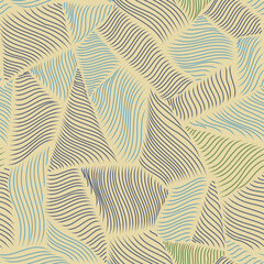Seamless pattern of patchy geometric shapes with elegant line texture in green, blue and yellow. Abstract desaturated hand drawn mosaic print.
