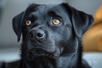 Fototapeta premium A black dog gazing upward, reflecting alertness and curiosity in an indoor setting