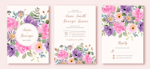 wedding invitation set with purple pink floral watercolor - obrazy, fototapety, plakaty