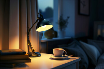 Stylish modern desk lamp, books and cup of drink on white nightstand in dark bedroom.AI generated