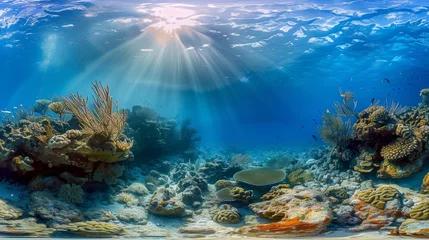  Underwater Coral reef and bright ray sun. Generative AI © itchaznong