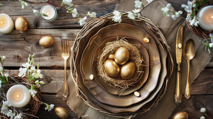 Rustic easter table setting with gold eggs.