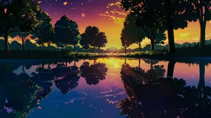 Peaceful Anime Lake Background with Sunrise Reflection