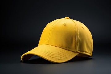 Fototapeta premium The bright yellow of this baseball hat pops against a contrasting black background, ideal for fashion mockups