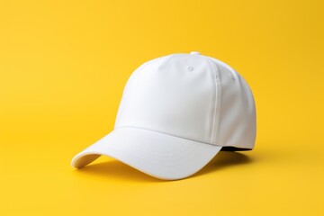 Fototapeta premium White baseball cap presented as a mockup on a yellow background, ideal for showcasing design, branding and printing