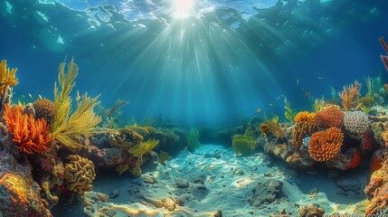 Fototapeta na wymiar Underwater Coral reef and bright ray sun. Generative AI