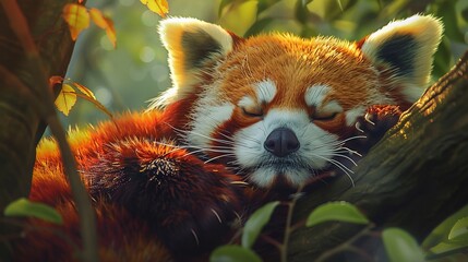 adorable red panda resting in the tranquil woodland, a serene moment captured in the heart of nature