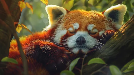 Foto op Plexiglas adorable red panda resting in the tranquil woodland, a serene moment captured in the heart of nature © CinimaticWorks