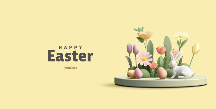 Trendy Easter greeting poster with 3d product podium, spring flowers, Easter eggs and bunny.