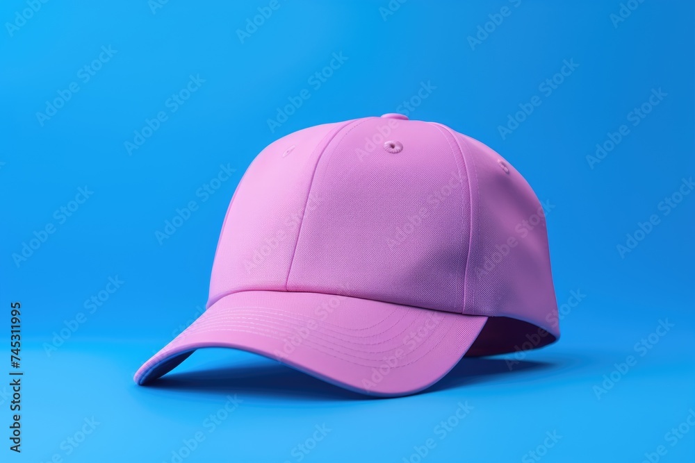 Poster Pink baseball cap presented as a mockup on a blue background, ideal for showcasing design, branding and printing