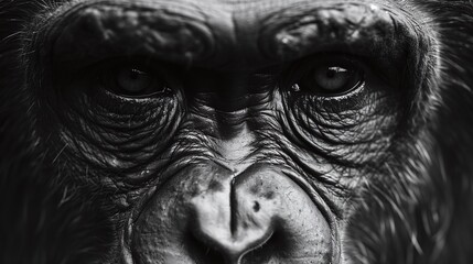 captivating closeup of a chimpanzee expressive face in its natural habitat - obrazy, fototapety, plakaty
