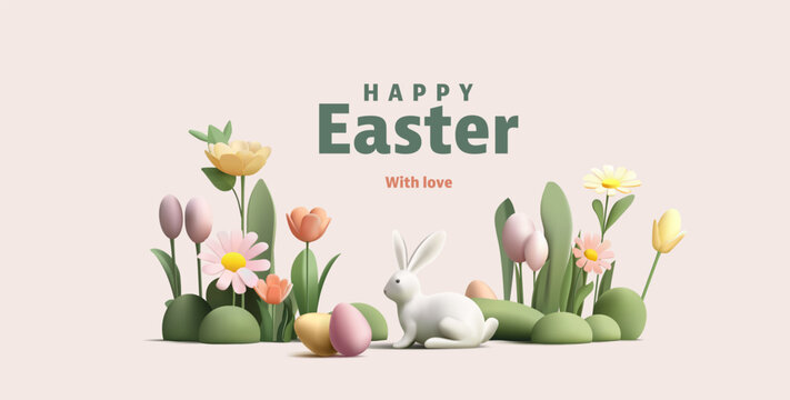 Happy Easter poster with 3d render Easter eggs and bunny in flowers field, egg hunting, game banner