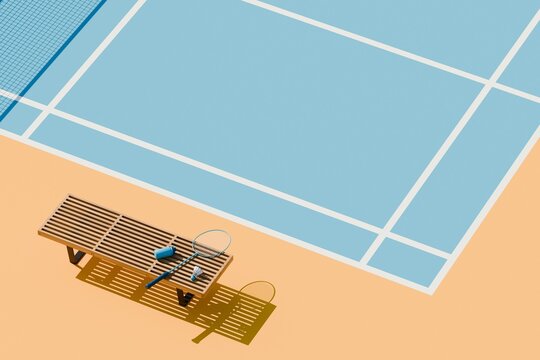 Aerial view of outdoor empty badminton court. 3D illustration, rendering. Copy space