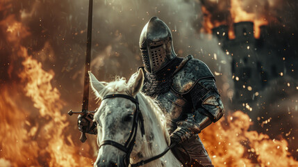 A knight in small armor like an ancient warrior, holding a sword, riding a white horse behind a sea of fire with a castle