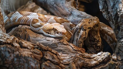 closeup of rattlesnake resting on tree, showcasing the ominous presence of a venomous reptile
