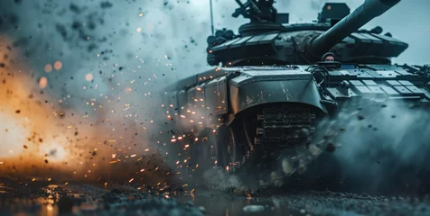 Poster Tank fighting on the battlefield have lights shooting out of their gun barrels © EmmaStock