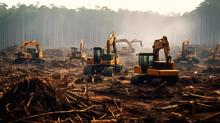 Rainforest devastation for oil palm plantations illustrates the pressing environmental issue of deforestation, impacting biodiversity and ecosystems. - obrazy, fototapety, plakaty