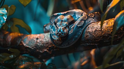 mesmerizing wildlife encounter, a python snake in closeup on a tree branch