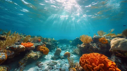 Gordijnen Underwater Coral reef and bright ray sun. Generative AI © itchaznong
