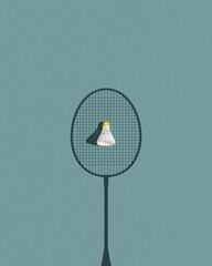 Top view of shuttlecock under the shadow of the badminton racket on pastel blue background. Sports concept with copy space. 3D illustration, rendering. Poster