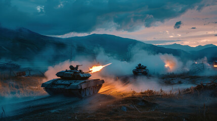 Tank fighting on the battlefield have lights shooting out of their gun barrels - obrazy, fototapety, plakaty