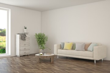 White living room with sofa. Scandinavian interior design. 3D illustration