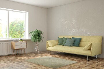 Modern interior concept with sofa and summer landscape in window. 3D illustration