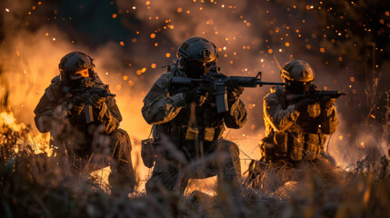 Navy Seal team shooting in the battlefield