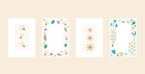 Flowers greeting card background set. Floral minimalistic banners template. Vector cover with frame.