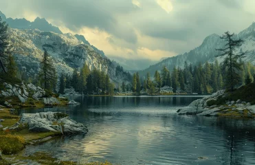 Fototapeten a beautiful lake in a mountain range with trees in the background © olegganko