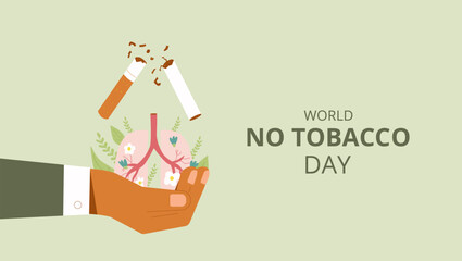 World no tobacco day banner. Stop smoking card. Cigarette, planet Earth and forbidden sign in hand