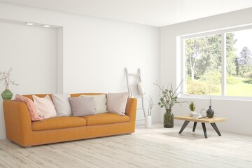 Modern interior concept with sofa and summer landscape in window. 3D illustration