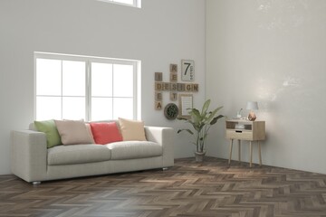 White living room with sofa. Scandinavian interior design. 3D illustration