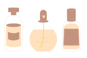 Perfume bottles set isolated on white background. Minimalistic fragrance fashion.