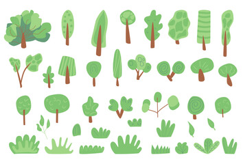Trees doodle set. Forest elements collection. Plant bushes, grass garden. Vector flat illustration.