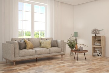 Contemporary classic white interior with furniture and decor and summer landscape in window. Scandinavian interior design. 3D illustration