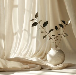 a black plant on a white fabric on a window